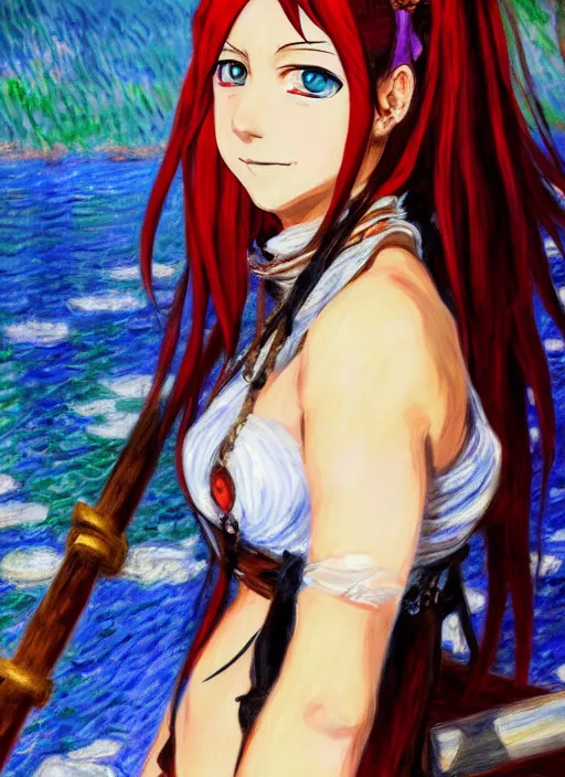 Image similar to a portrait of a female pirate, very anime in impressionist style, anime trending artwork, 4 k, anime painter studio, by claude monet