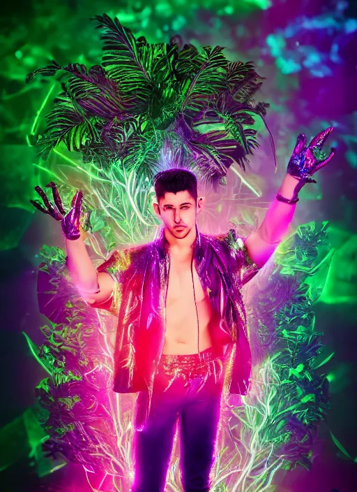 Prompt: photo of baroque and bladerunner delicate neon emerald sculpture of seductive prince nick jonas pink iridescent humanoid deity wearing metallic jungle leaves, crystal tigers, glowing rainbow lights, crown made of hands, cinematic lighting, photorealistic, octane render 8 k depth of field 3 d