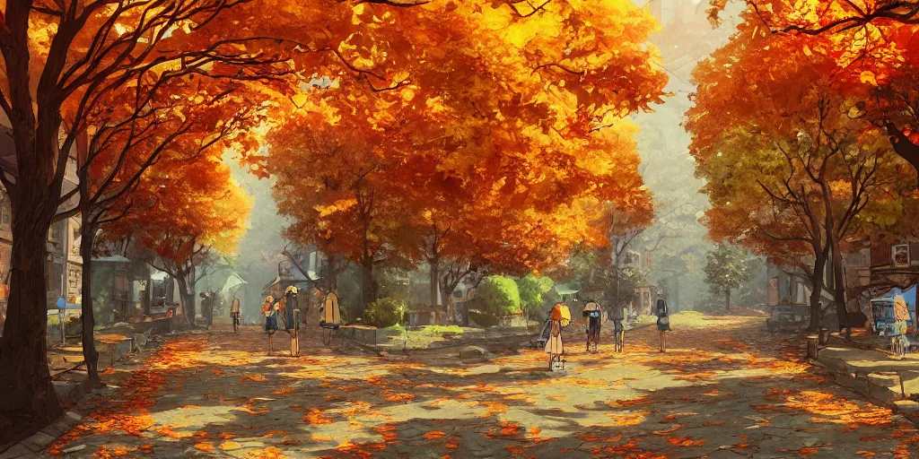 Image similar to autumn street with falling leaves, evening, highly detailed, low angle view, studio ghibli, artstation