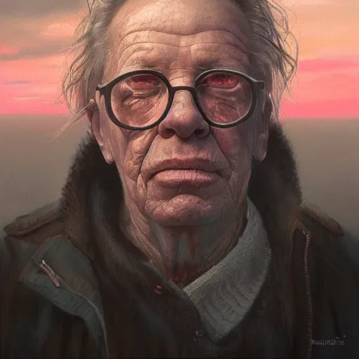 Image similar to portrait of elderly mickey rourke, sunset, gorgeous view, depth, painted by seb mckinnon, high detail, digital art, painted by greg rutkowski, trending on artstation