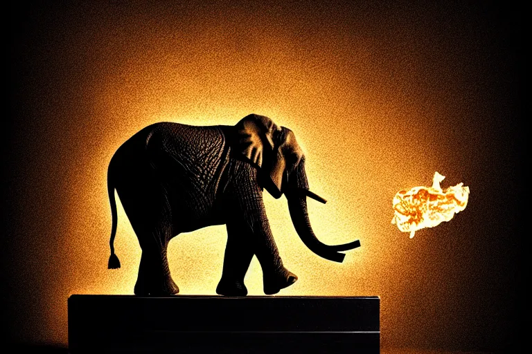 Image similar to republican elephant,pile of papers on fire,Judge's Bench burning, Judge's Gavel,Smoke,Fog Mads Berg, Karolis Strautniekas,stippled light, dramatic lighting,fine texutre, editorial illustration,matte print, film noir,dynamic composition,moody