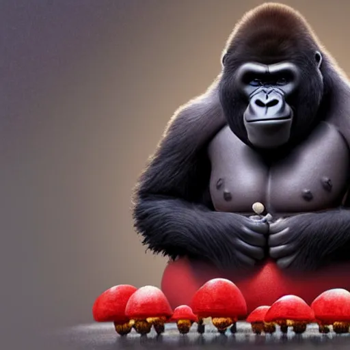 Image similar to a wholesome animation key shot of a gorilla holding a very small red mushroom, chilled out smirk on face, listening to music, jeep in background, studio ghibli, pixar and disney animation, sharp, rendered in unreal engine 5, anime key art by greg rutkowski, bloom, dramatic lighting