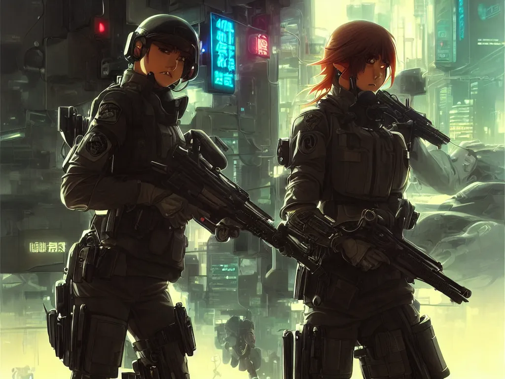 Image similar to anime key visual of a young female swat officer fighting male blood hound, neon, cyberpunk, futuristic, stunning, highly detailed, digital painting, smooth, soft focus, illustration, movie poster, japanese typography, digital art from artstation by artgerm and greg rutkowski and alphonse mucha