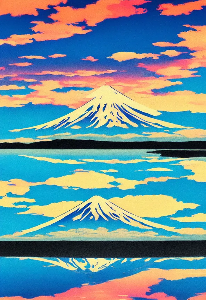 Prompt: clouds curling around mount fuji reflected on the lake surface at sunset, isolated on minimalist white acrylic base coat, detailed acrylic painting collage painting by wes anderson, leslie david and lisa frank, dark monochrome neon color airbrush, mixed media painterly details, neoclassical composition, rule of thirds, design tension, impactful graphic design