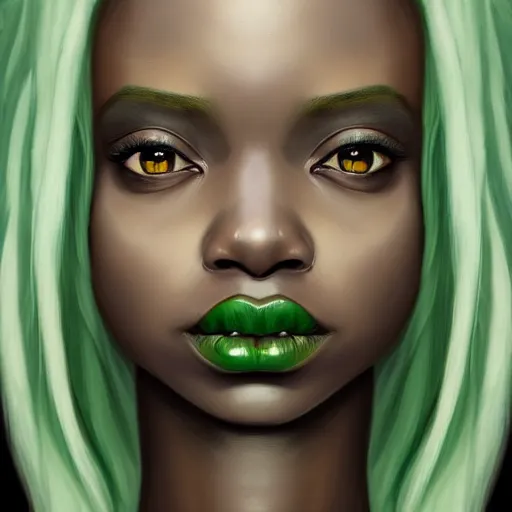 Image similar to a detailed matte oil on canvas head on symmetrical portrait of black skinned woman with long white and ( ( pale green ) ) hair, clothed by charlie bowater, lise deharme, wlop, trending on artstationhd, dungeons and dragons art critical role