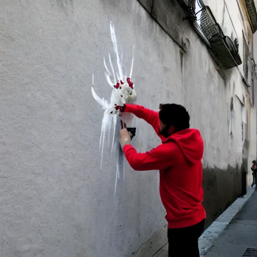 Image similar to guy with white hoodie spray painting flowers in a wall in genova