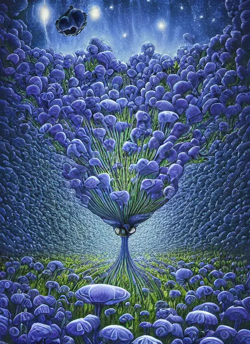 Image similar to detailed, intricate blue black and purple papaverum flower on the field, nebula, galaxy in the sky, winning award masterpiece, fantastically beautiful, illustration, aestheticly inspired, jacek yerka, upscale with anguissola sofonisba work, artstation, 8 k