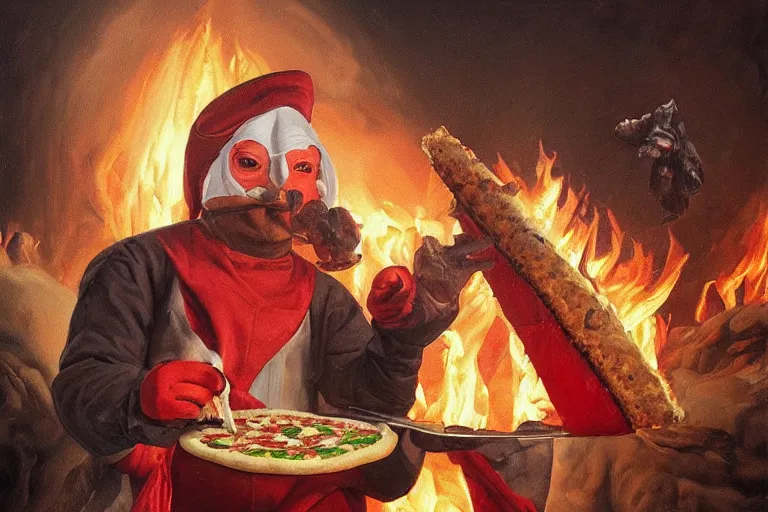 Image similar to a highly detailed oil painting of pulcinella!!! from naples with a pizza!! and lots of fire, a volcano and dark smoke, an ultrafine detailed painting by achille superbi, dramatic lighting, trending on deviantart, sharp focus, octane, masterpiece