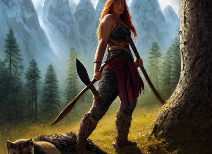 Image similar to a warrior, female, she carries an axe, the axe is resting on her shoulder, she is grabbing a nearby tree, looking onto the horizon, a big wolf is next to her, fall, mountain landscape, portrait by magali villeneuve and ames jean and artgerm and greg rutkowski, 4 k, artstation, realistic, cinematic composition, d & d