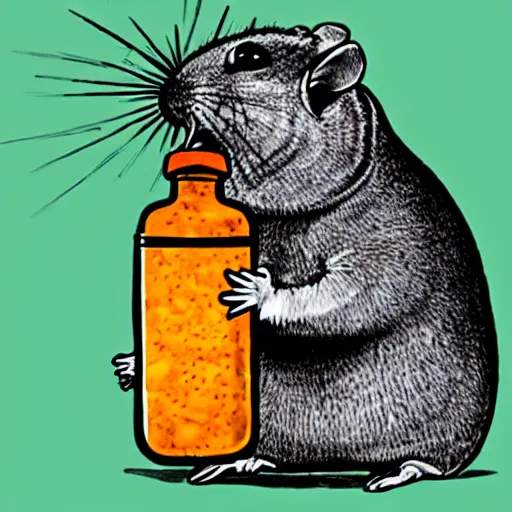 Image similar to a pen and ink drawing of a happy chinchilla excitedly holding aloft a bottle of hot sauce