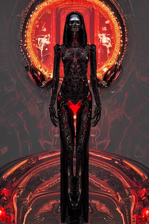 Image similar to full-body cyberpunk style sculpture of a young beautiful dark priestess, half android with a head opening exposing circuitry, glowing red eyes, black roses, flowing blood red colored silk fabric. baroque elements, candles, human skull, crows flying in background. full-length view. baroque element. intricate artwork by Caravaggio. Trending on artstation, octane render, cinematic lighting from the right, hyper realism, octane render, 8k, depth of field, 3D