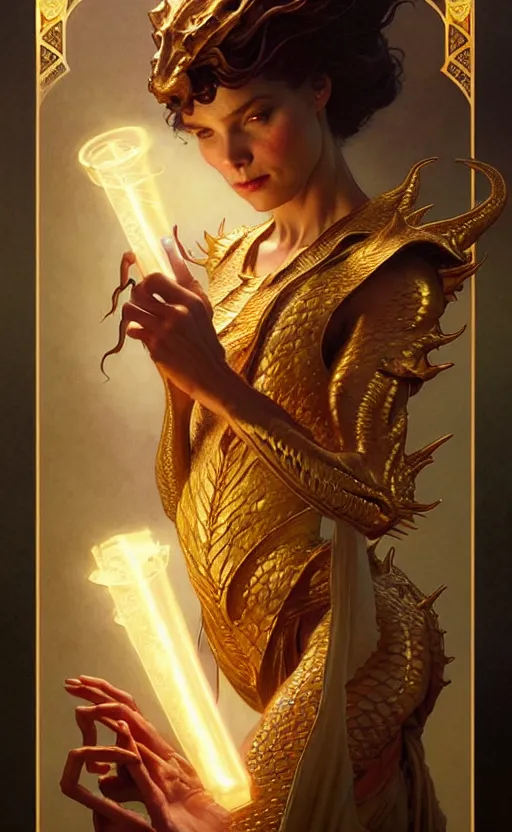 Image similar to magic gold dragon gorgeous lighting by weta studio, mucha, bautista and norman rockwell and greg rutkowski and tom bagshaw and james gurney and lucasfilm