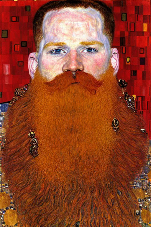 Prompt: red beard viking, painting by gustav klimt