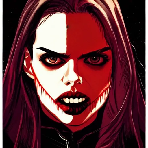 Prompt: Rafael Albuquerque comic cover art, loish, Sam yang, pretty female Samara Weaving vampire, very sharp fangs blood on face face, sarcastic smile, symmetrical eyes, symmetrical face, brown leather jacket, jeans, long black hair, middle shot, highly saturated, deep blacks