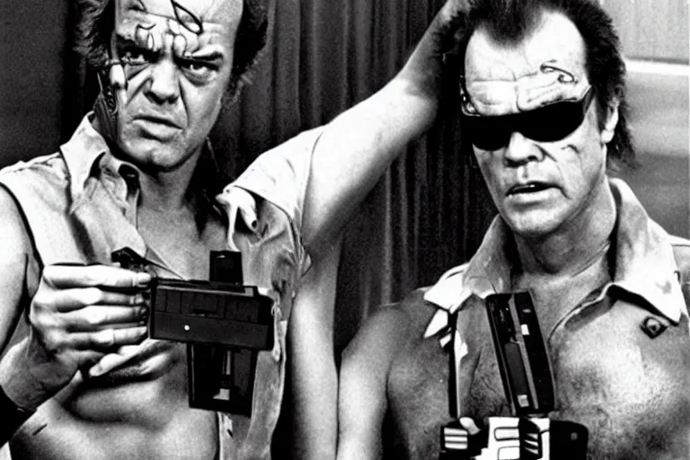 Prompt: Jack Nicholson as Terminator is playing with gameboy scene