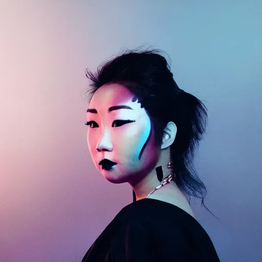 Prompt: filmstill, over the shoulder photography of asian girl with golden makeup looking in to the camera, black lips, black kimono, black pagoda, black face tattoo, sad mood, god rays, volumetric light, lightbeams, art noveau style, neobrutalistic