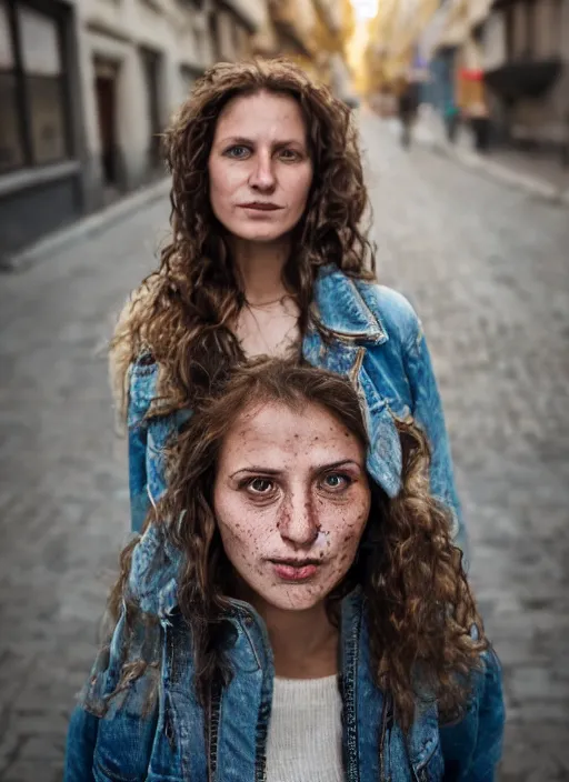 Prompt: Mid-shot portrait of a beautiful 30-year-old woman from Moldova, with freckles and wavy hair, candid street portrait in the style of Martin Schoeller award winning, Sony a7R