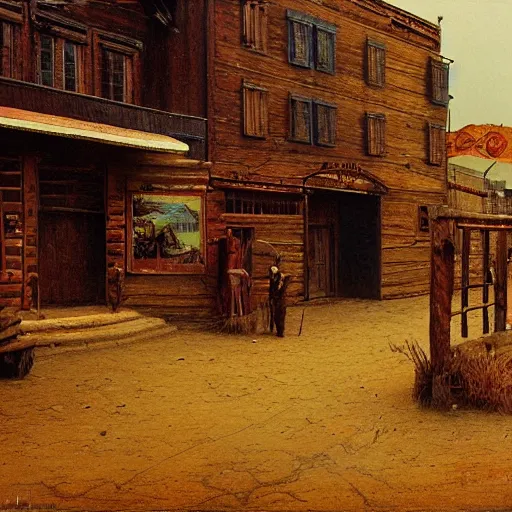 Image similar to from a movie scene, painting of a western saloon exterior in old town, beksinski, cinematic wide shot