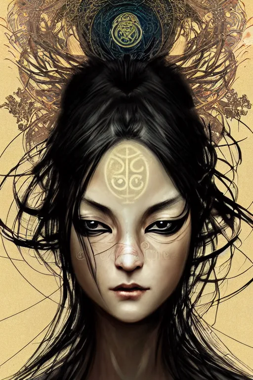 Prompt: beautiful mythical and mystery and gorgerous and black magic female ninja portrait+shiny eyes+light flowing hair, in mudra night ruin tokyo temple, ultradetail face, art and illustration by tian zi and craig mullins and WLOP and alphonse mucha, rim lght, fantasy, intricate complexity, human structure, fantasy world concept, watermark, blurry, hyperrealism 8k