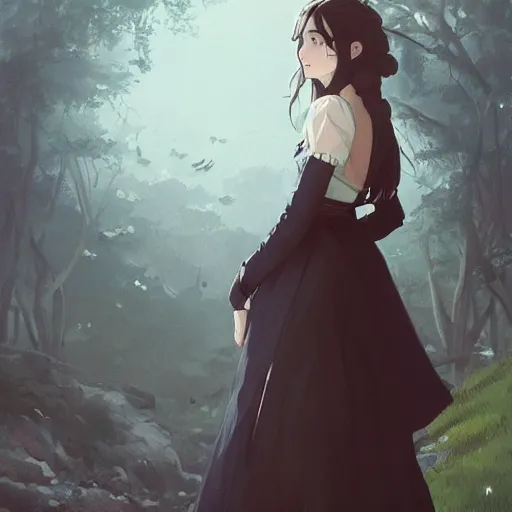 Prompt: a beautiful girl with long dark hair, wearing a victorian style dress, portrait by Studio Ghibli and Greg Rutkowski, artstation