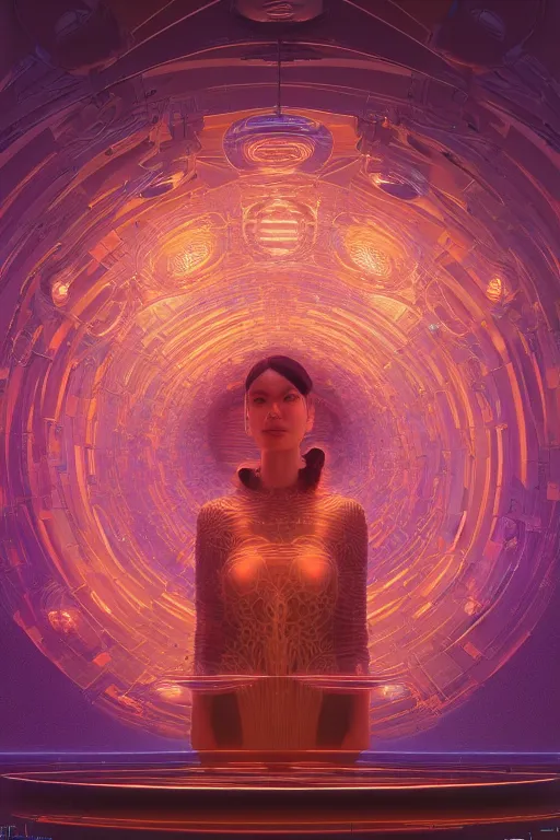 Image similar to a centered render of intricate modular synthesizer surrounded by ethereal lights and fractal geometry, cinematic, beautifully lit, by artgerm, by beeple, by karol bak, by donato giancola, 3 d, trending on artstation, octane render, 8 k