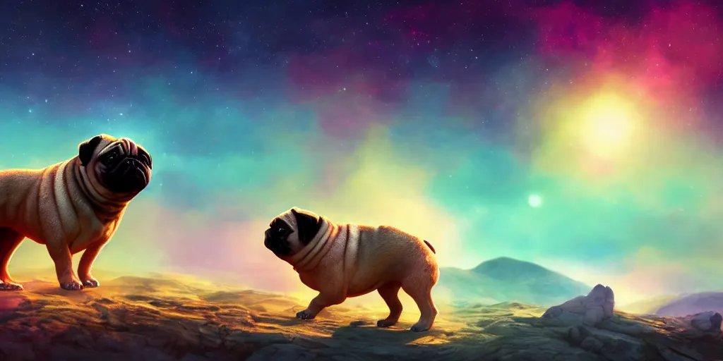Image similar to giant pug walking on a planet, beautiful background, brightly colored, still, photograph, trending on artstation, dynamic lighting, cinematic, highly detailed, sharp focus, space, universe, stars