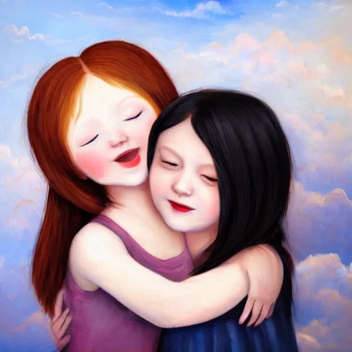 Image similar to black haired girl hugging a ginger girl and smiling, beautiful, innocent, angelic, happy, warm, soft lighting, in the clouds, renaissance, beautiful, cherubic, oil painting