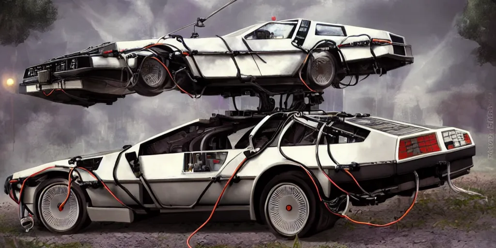 Image similar to robotic back to the future DeLorean with little robots attached to it flying around it big wheels matte painting artgerm