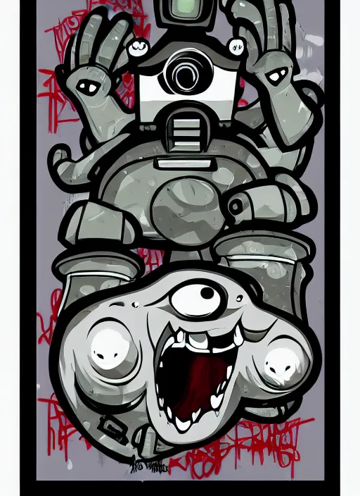 Image similar to beautiful graffiti monsters with a tank turret for arm and black frame door in side on black background paper