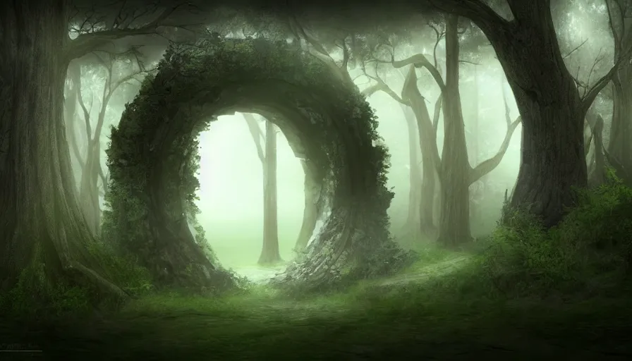 Prompt: a dark foggy forest with a doorframe!! that is a portal! to a fantasy landscape, high quality rendering, digital art