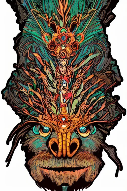 Image similar to animal mask totem roots flower tribal feather gemstone plant wood rock shaman vodoo video game vector cutout illustration vivid multicolor borderlands comics by josan gonzales and dan mumford radiating a glowing aura