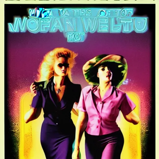 Image similar to vapor wave movie poster of two women on the run from the mob