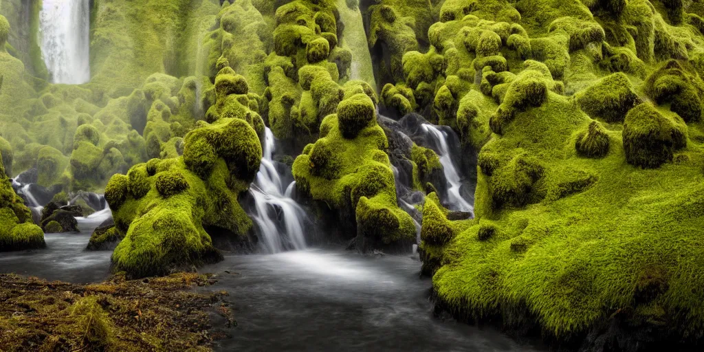 Image similar to photo of a landscape with lush forest, wallpaper, very very wide shot, iceland, new zeeland, green flush moss, national geographic, award landscape photography, professional landscape photography, waterfall, stream of water, big sharp rock, ancient forest, primordial, sunny, day time, beautiful