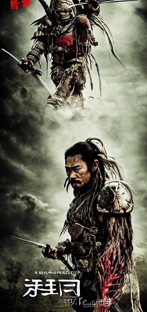 Image similar to movie poster for predator film shot in feudal japan staring hiroyuki sanada as a disgraced ronin, who hunts down the predator after he fails to protect his master from it