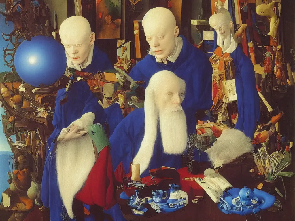 Image similar to Portrait of albino mystic with blue eyes, painting on a canvas in his studio. Painting by Jan van Eyck, Audubon, Rene Magritte, Agnes Pelton, Max Ernst, Walton Ford