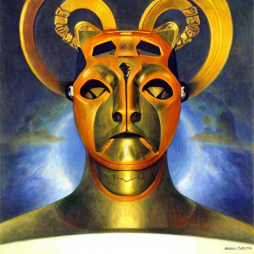 Prompt: masterpiece painting of a robot cat head mask, by annie swynnerton and diego rivera and nicholas roerich and jean delville, symbolist, dramatic lighting, god rays, elaborate geometric ornament, art brut, rich colors, smooth, sharp focus, extremely detailed, adolf wolfli and ( donato giancola )
