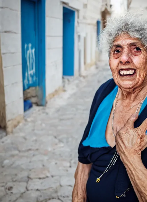 Image similar to Mid-shot portrait of a 65-year-old woman from Cyprus, happy, strong blue and orange colors, candid street portrait in the style of Martin Schoeller award winning, Sony a7R