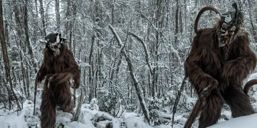 Image similar to trailcam footage of krampus in an alpine forest