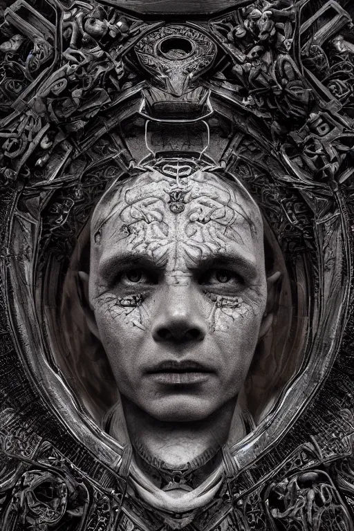 Prompt: Multiverse carved into a priest forehead, cinematicbleeding, horror, creepy, moody, octane render, 8k,realism, insanely detailed, intricate, ornate geometric shapes, natural lighting,