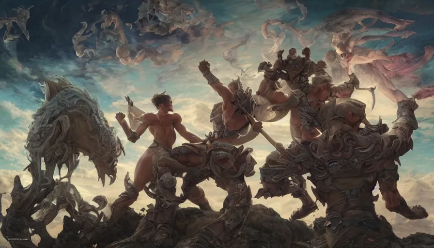 Image similar to epic masterpiece tournament, hyperrealistic, octane render, cinematic, night, moon, muscular bodies, sweaty skin flying kicks, magic, by Edgar Maxence and Ross Tran and Michael Whelan, Lorenzo Sperlonga Legends of Runeterra