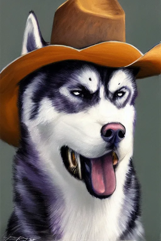 Image similar to a portrait painting of a husky in cowboy costume, a fistful of dollars, character design, anime, furry, humanoid, personify, anthropomorphic