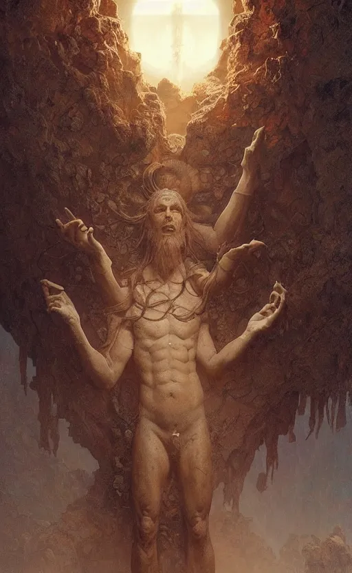 Image similar to an ancient man made of dust and earth, a mythological being that came from mud and clay, a pagan creation, gigantic, incomprehensible and frightening, trending on artstation, volumetric lighting, atmospheric portrait, highly detailed, art by greg rutkowski and alphonse mucha