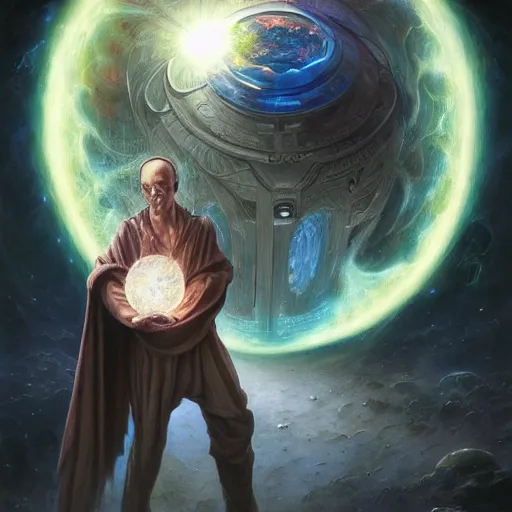 Image similar to the creator of worlds wearing a cloak and holding a holographic planet projection in his hand, detailed, sci - fi, digital painting, artstation, sharp focus, illustration, ominous, artgerm, tomasz alen kopera, peter mohrbacher, donato giancola, joseph christian leyendecker, wlop, frank frazetta