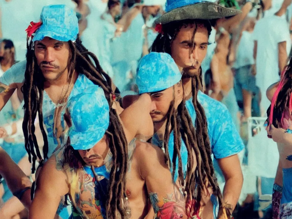 Image similar to Close up of Mario with dreads in a hat in Harmony Korine Spring Breakers film aesthetic!!! photorealistic