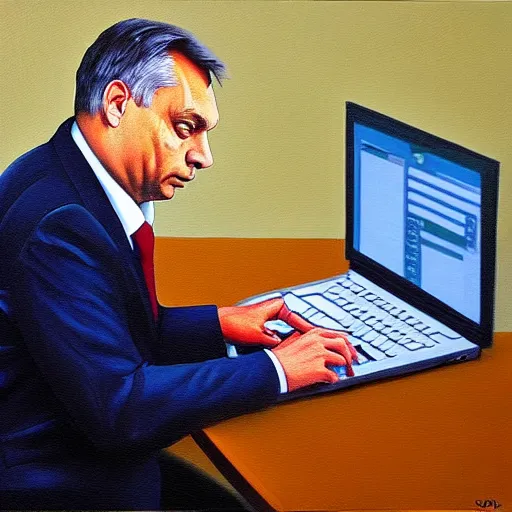 Image similar to viktor orban working with excel on a laptop in a cubicle, oil painting