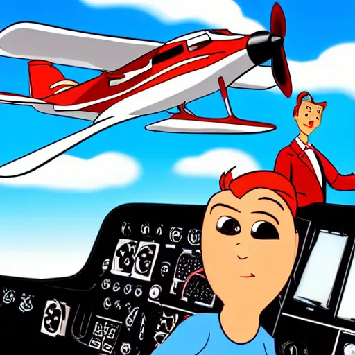 Prompt: handsome brunette pilot and red haired mermaid flying in a cessna airplane, style of Jetsons, cartoon,