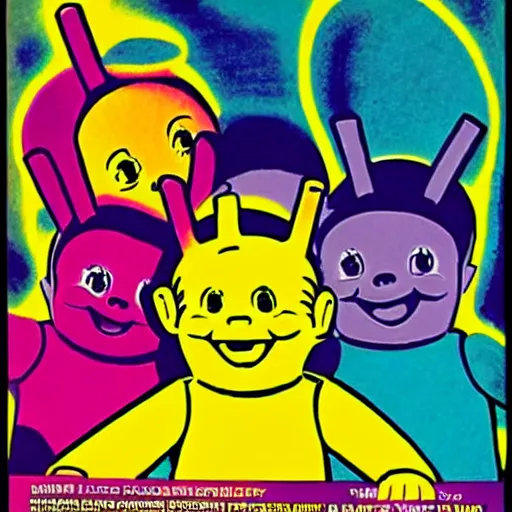 Prompt: teletubbies poster by Victor Moscoso