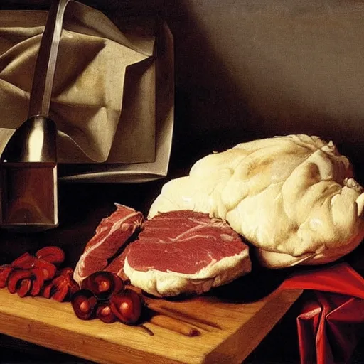 Prompt: Colonel Sanders chops meat on a wooden chopping board. Painted by Caravaggio, high detail