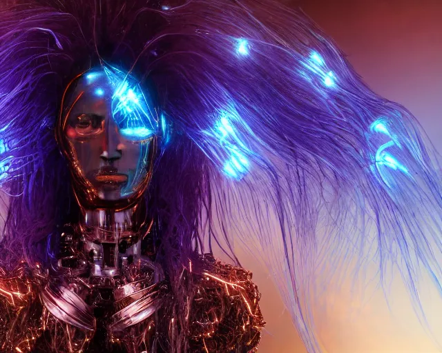 Image similar to glowing hair, complex cybernetic beings, beautiful hairy humanoids, cybergods, cybermagnetosphere, cybernetic civilizations, ornate hair, love, joy, vortexes, large arrays, data holograms, 8 k, cinematic light shadows, wet hdr refractions