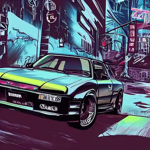 Prompt: beautiful hyper-detailed artwork of a ninja warrior with a sword, driving through the city, in a modified Nissan skyline r34, cyberpunk style